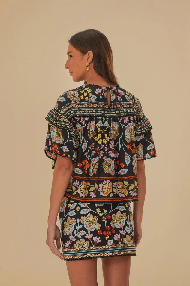 Women Black Flowery Ruffle Blouse Flowery Black FARM Rio Blouses