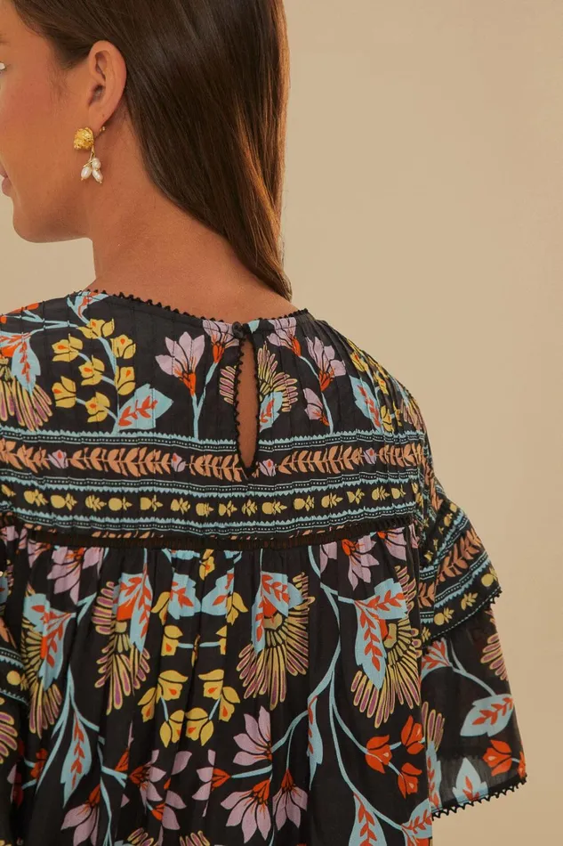 Women Black Flowery Ruffle Blouse Flowery Black FARM Rio Blouses