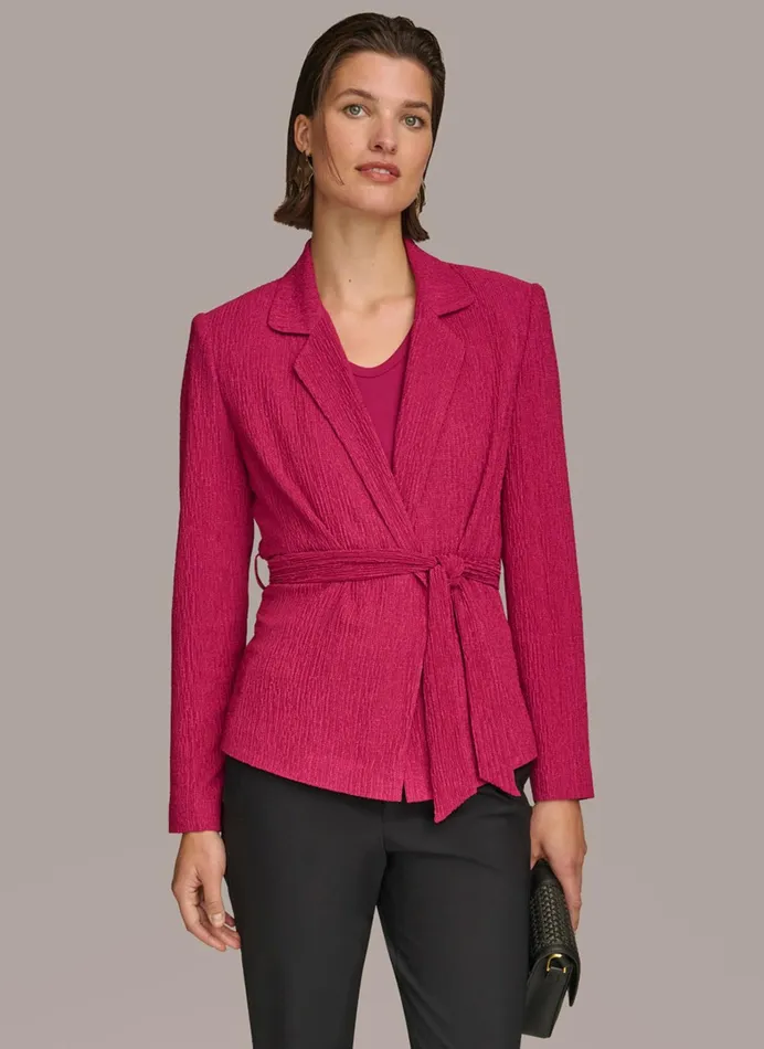 Women Blazers Donna Karan TEXTURE BELTED WRAP JACKET Cactus Flower