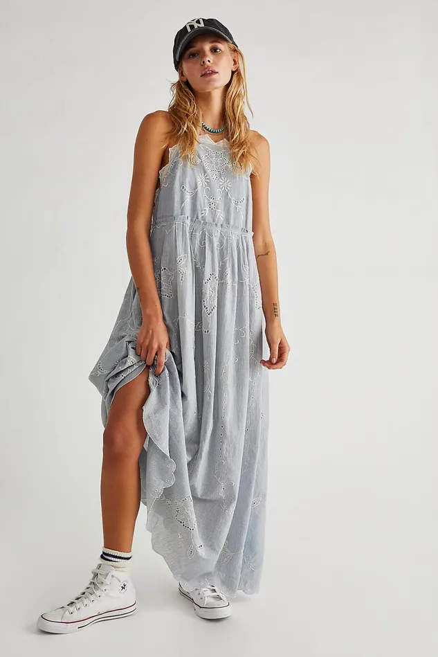 Women Casual Dresses Free People Rosalia Embroidered Apron Dress Blue Combo
