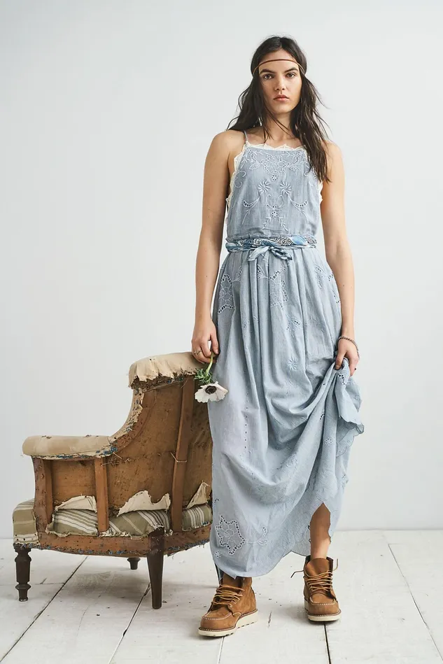 Women Casual Dresses Free People Rosalia Embroidered Apron Dress Blue Combo