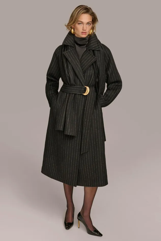 Women Coats And Jackets Donna Karan WOOL LONG COAT Chalkblack Stripe