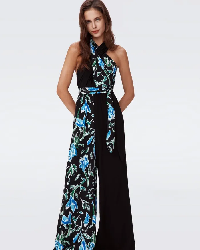 Women Cort Jumpsuit Huge Tulip Fields Blue And Black DVF Jumpsuits and Rompers