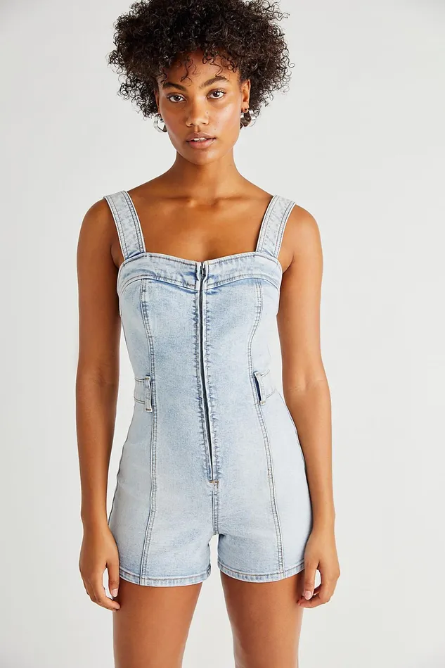 Women CRVY Jeans Free People CRVY Lady Of The Hour Romper Carolina Blue