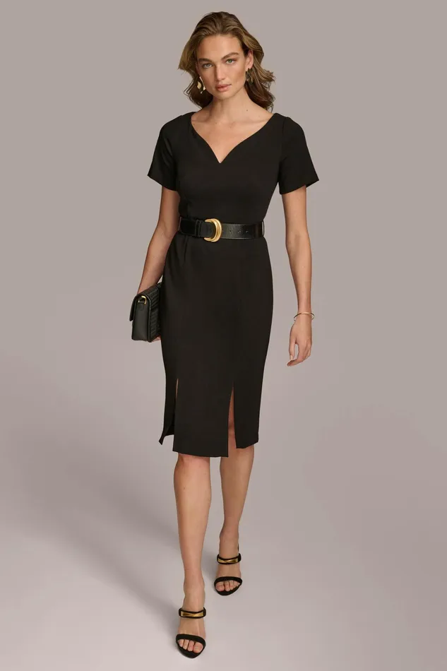 Women Dresses And Jumpsuits Donna Karan CREPE VNECK DRESS WITH BELT Black