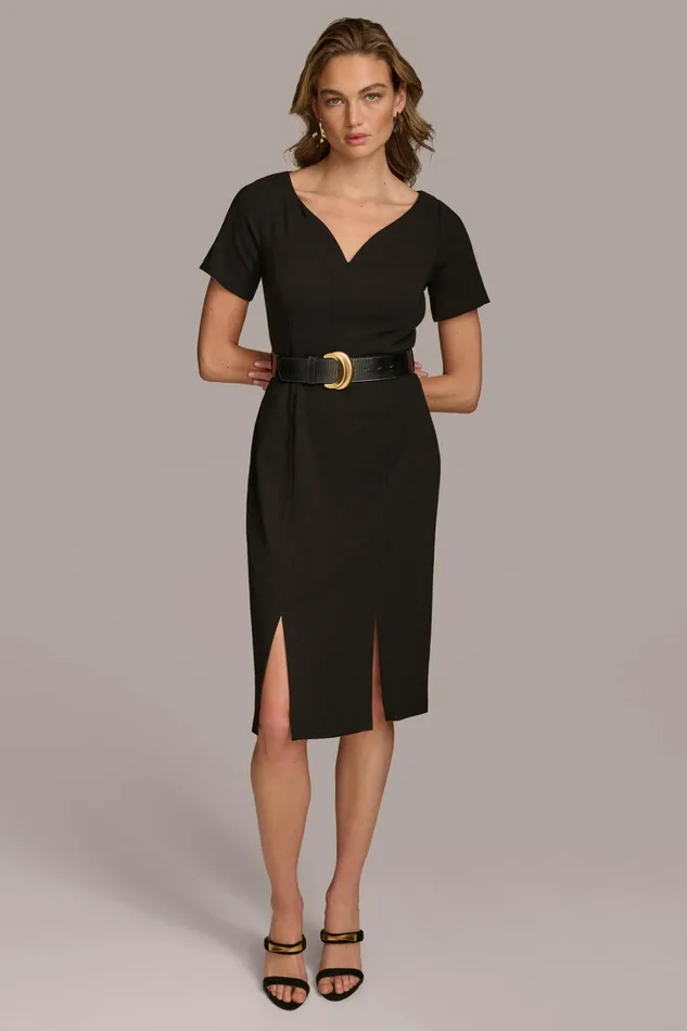 Women Dresses And Jumpsuits Donna Karan CREPE VNECK DRESS WITH BELT Black