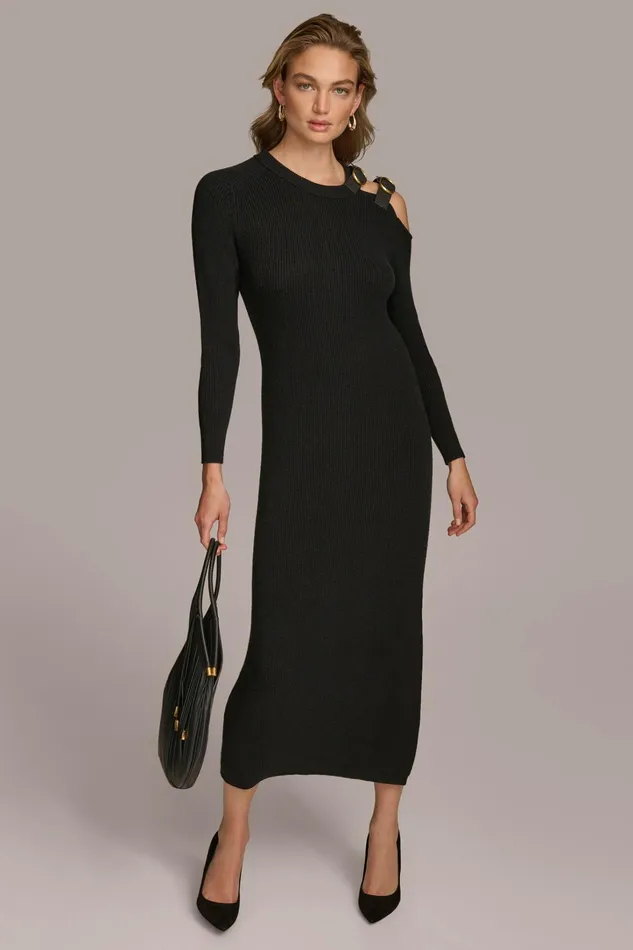 Women Dresses And Jumpsuits Donna Karan ONE SIDED COLD SHOULDER MIDI DRESS Black
