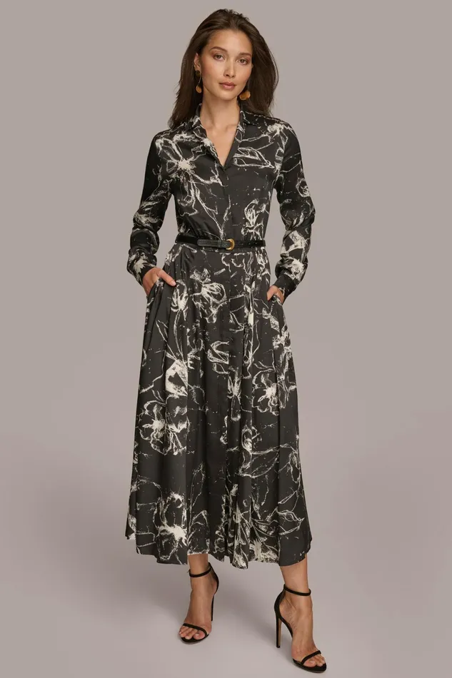 Women Dresses And Jumpsuits Donna Karan PRINTED SHIRT DRESS WITH BELT Black