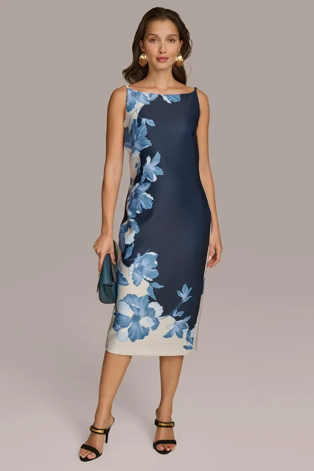 Women Dresses And Jumpsuits Donna Karan SCUBA FLORAL PLACEMENT PRINT MIDI DRESS Nightfall Multi