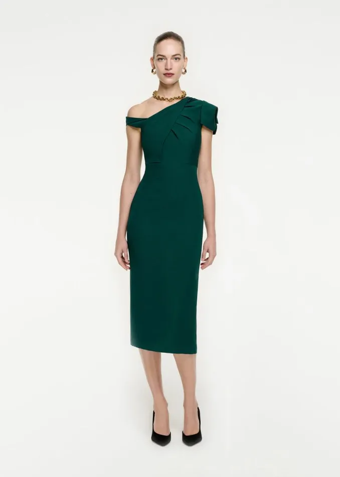 Women Dresses Roland Mouret Asymmetric Pleat Wool Silk Midi Dress