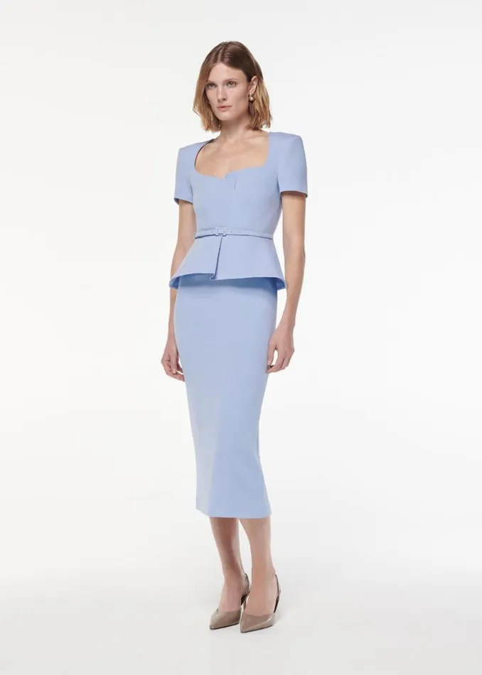Women Dresses Roland Mouret Short Sleeve Peplum Wool Silk Midi Dress