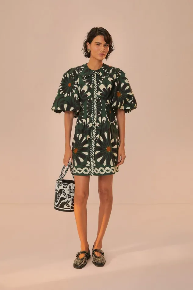 Women Green Ainika Flowers Short Sleeve Mini Dress Ainika Flowers Green FARM Rio Mini Dresses