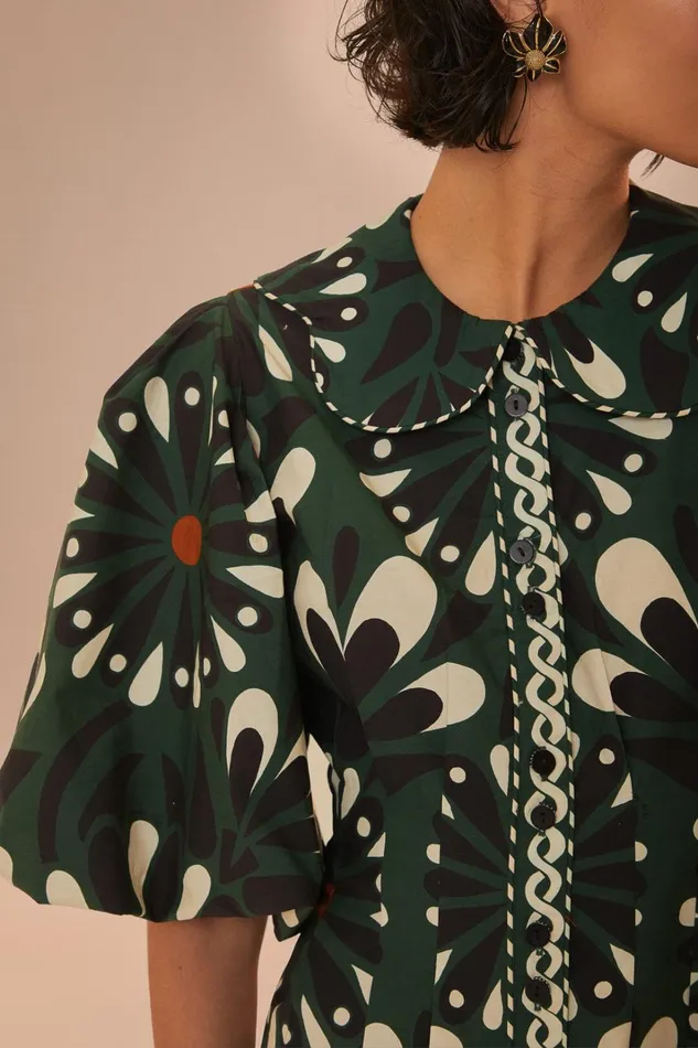 Women Green Ainika Flowers Short Sleeve Mini Dress Ainika Flowers Green FARM Rio Mini Dresses