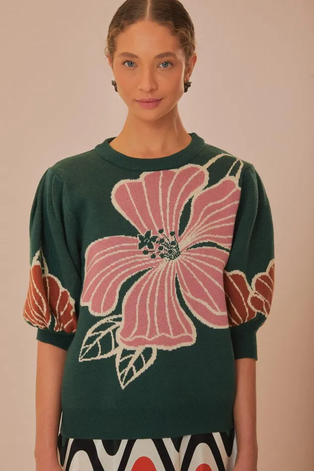 Women Green Honolulu Flowers Knit Sweater Honolulu Flowers Green FARM Rio Sweaters and Sweatshirts