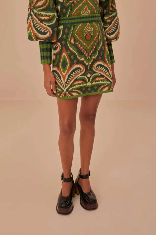 Women Green Pinneaple Ikat Knit Mini Skirt Pineapple Ikat Green FARM Rio Skirts
