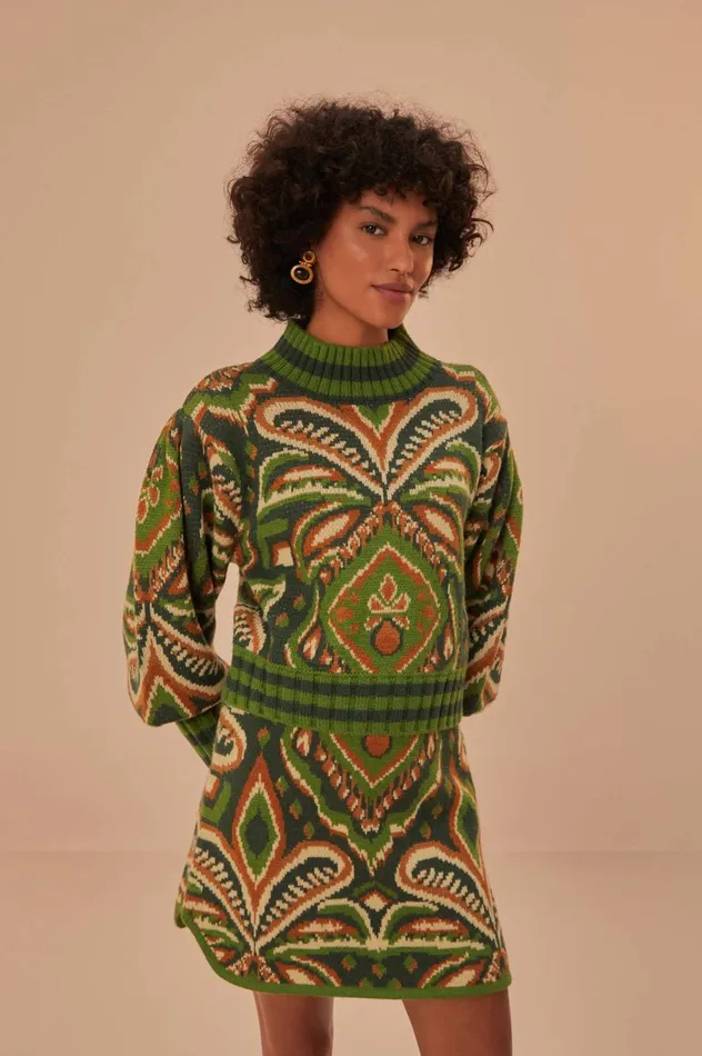 Women Green Pinneaple Ikat Knit Mini Skirt Pineapple Ikat Green FARM Rio Skirts