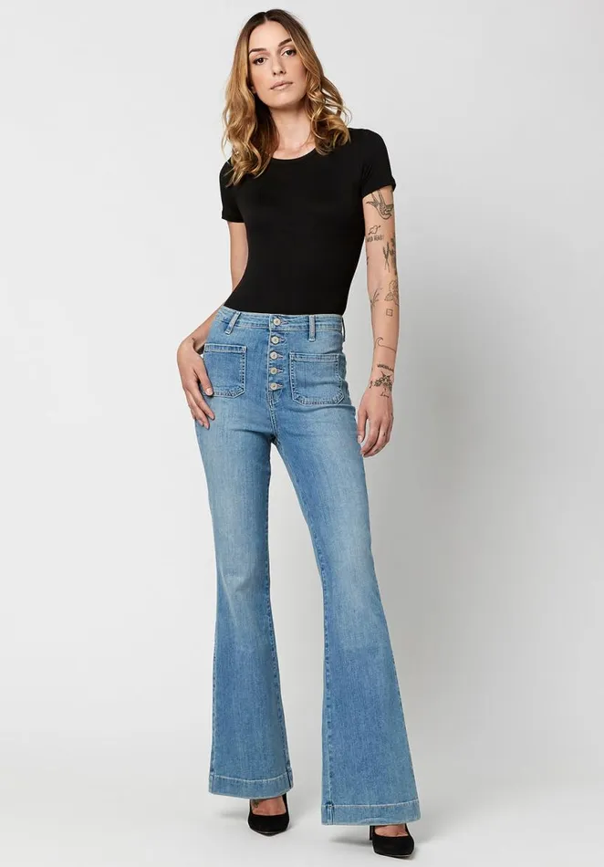 Women High Rise Flare Joplin Sanded Jeans Indigo Buffalo David Bitton Flare and Bootcut