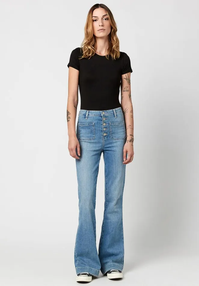 Women High Rise Flare Joplin Sanded Jeans Indigo Buffalo David Bitton Flare and Bootcut