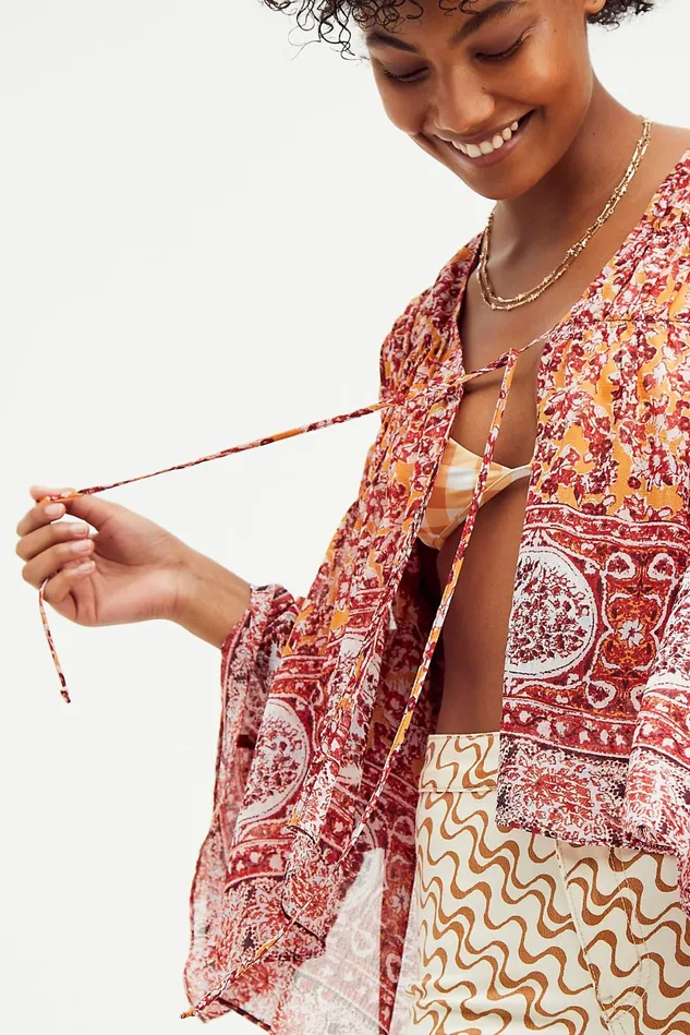 Women Jackets Free People Lorriane Tiered Kimono Mustard Combo