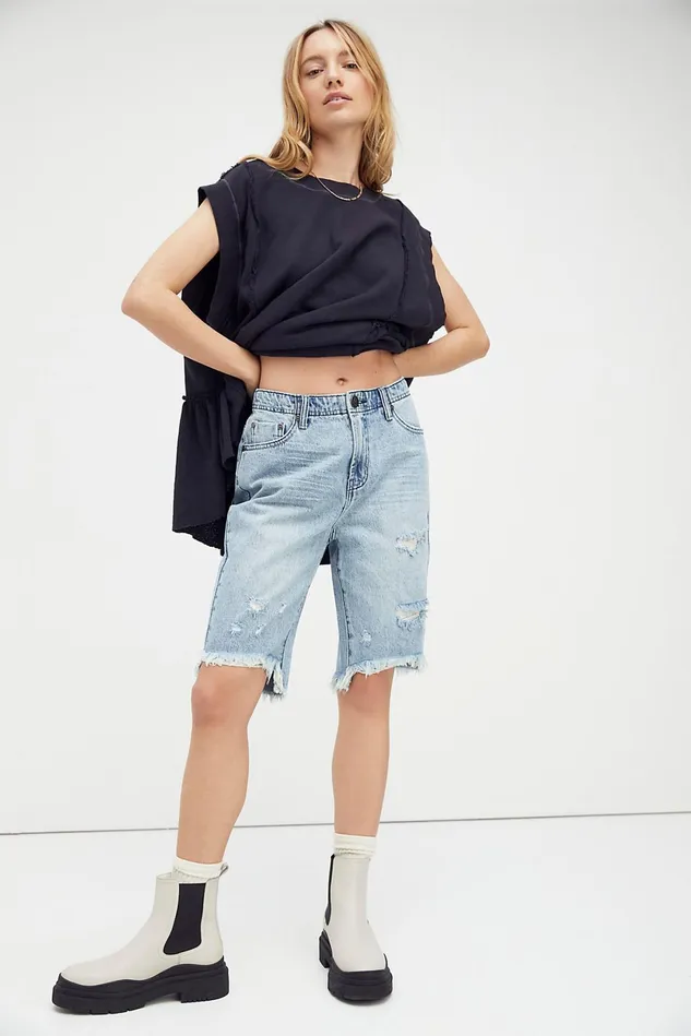 Women Jean Shorts Free People Truckers Long Short Salty Dog