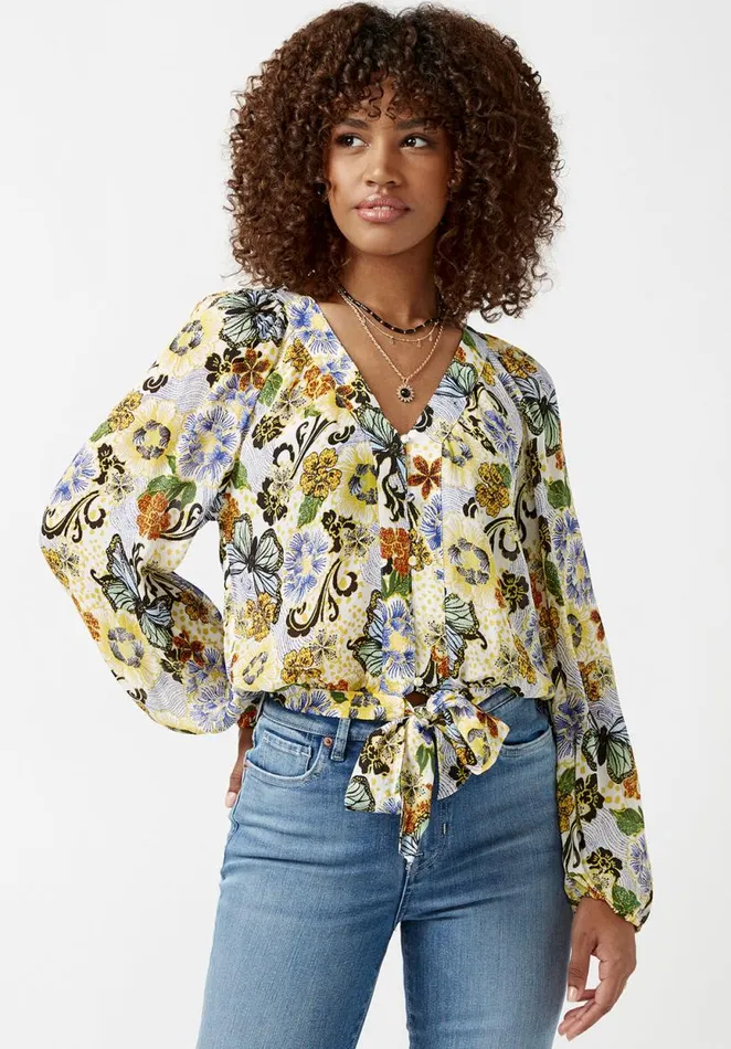 Women Josephine Butterfly Print TieFront Blouse Butterfly Print Buffalo David Bitton Blouses