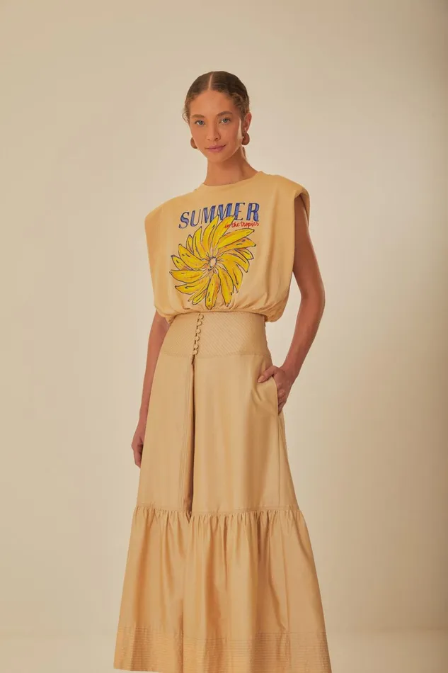 Women Khaki Topstitching Yoke Organic Cotton Maxi Skirt Khaki FARM Rio Skirts