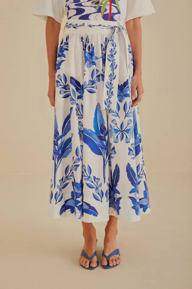 Women OffWhite Blue Yard Organic Cotton Midi Skirt Blue Yard Offwhite FARM Rio Skirts