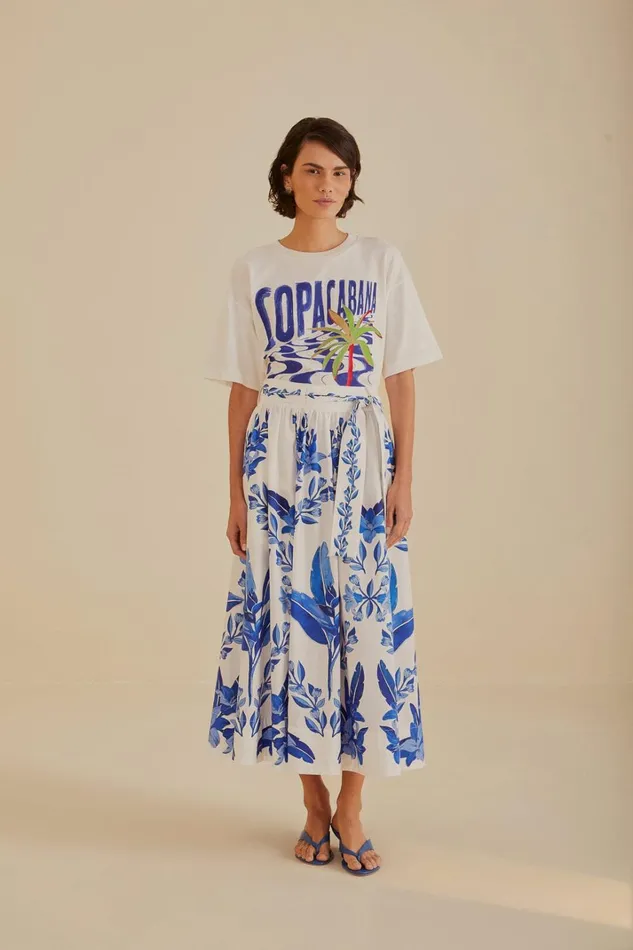 Women OffWhite Blue Yard Organic Cotton Midi Skirt Blue Yard Offwhite FARM Rio Skirts