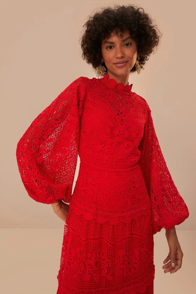 Women Red Guipire Long Sleeve Maxi Dress Red FARM Rio Maxi Dresses