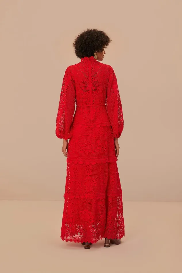 Women Red Guipire Long Sleeve Maxi Dress Red FARM Rio Maxi Dresses