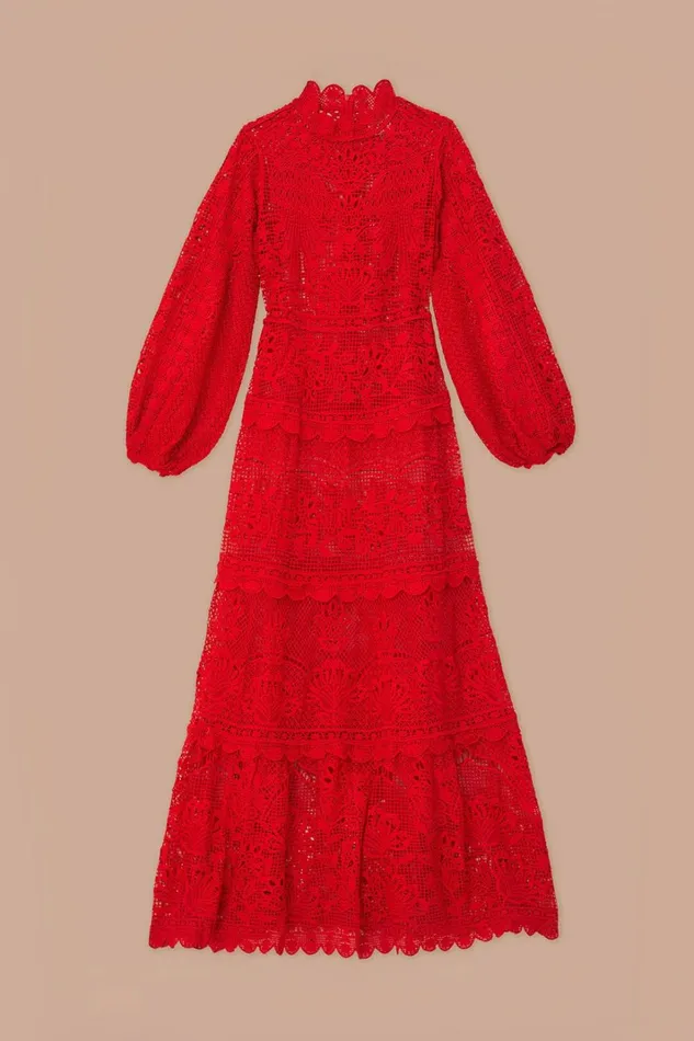 Women Red Guipire Long Sleeve Maxi Dress Red FARM Rio Maxi Dresses