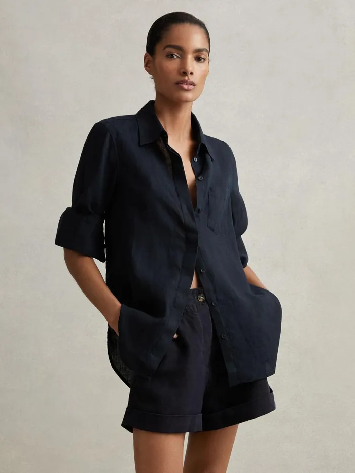 Women Reiss Blouses and Shirts Belle Linen ButtonThrough Shirt Indigo