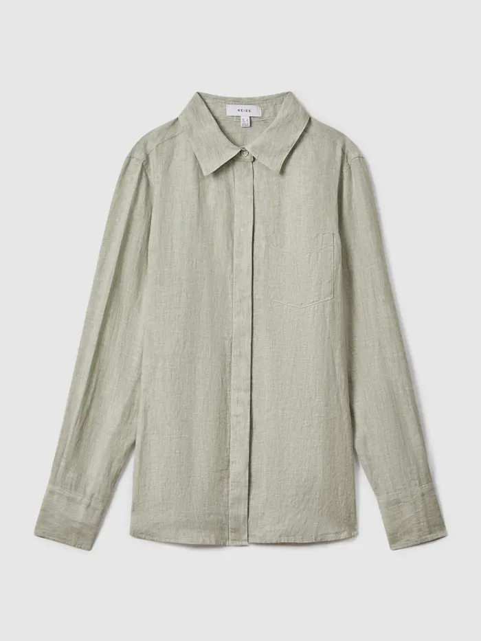 Women Reiss Blouses and Shirts Belle Linen ButtonThrough Shirt Sage
