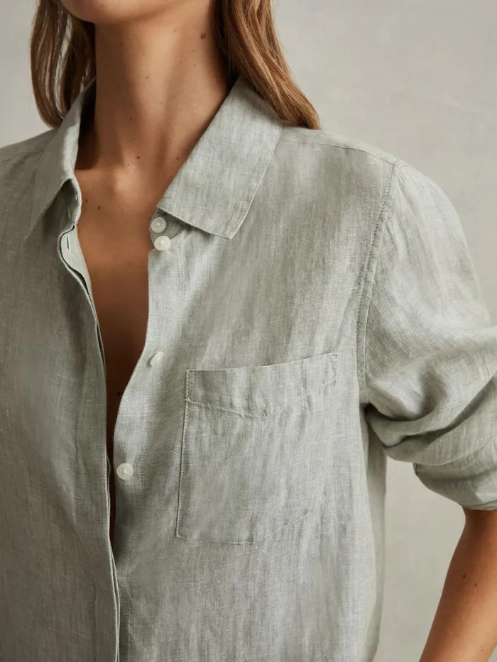 Women Reiss Blouses and Shirts Belle Linen ButtonThrough Shirt Sage