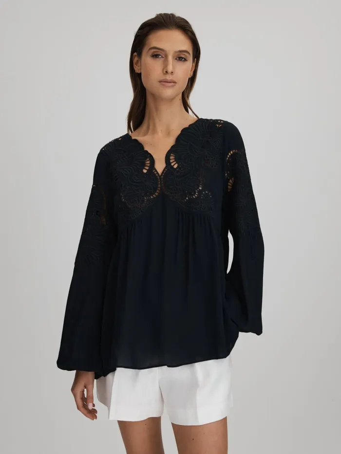 Women Reiss Blouses and Shirts Noa Lace CutOut Blouse Navy