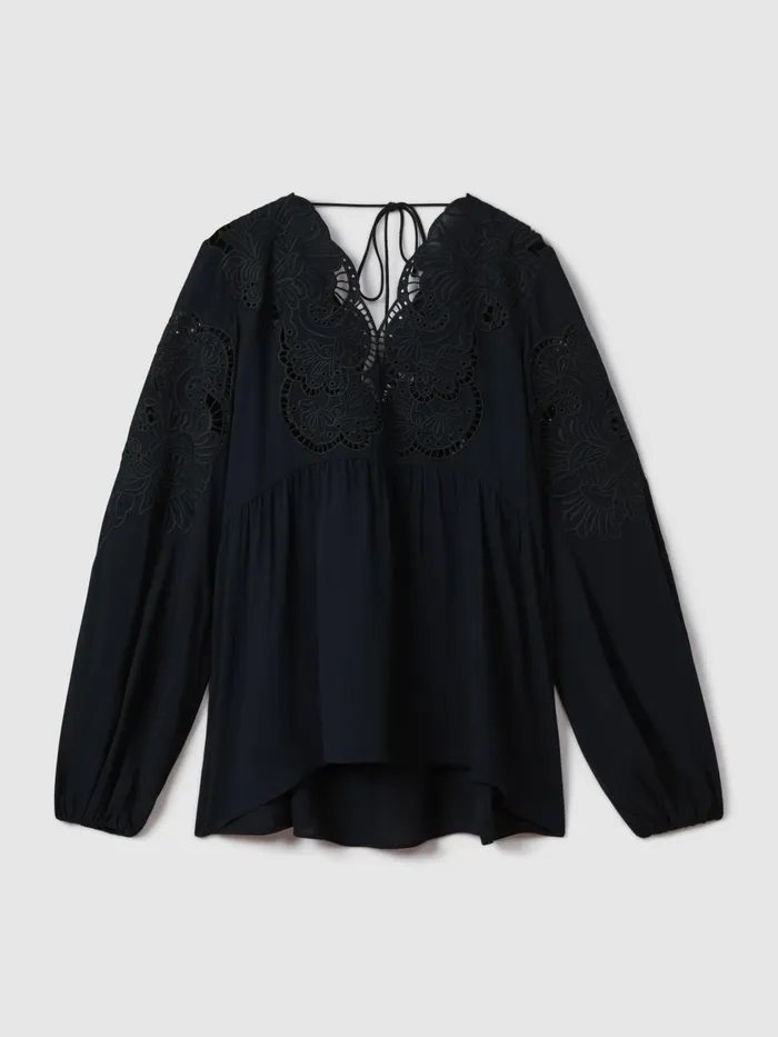 Women Reiss Blouses and Shirts Noa Lace CutOut Blouse Navy