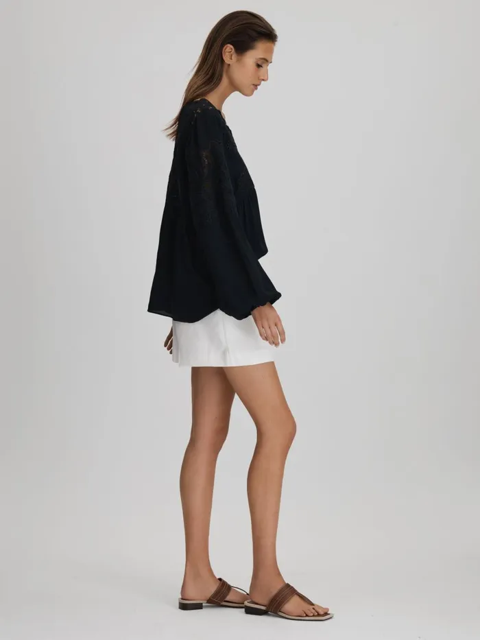Women Reiss Blouses and Shirts Noa Lace CutOut Blouse Navy