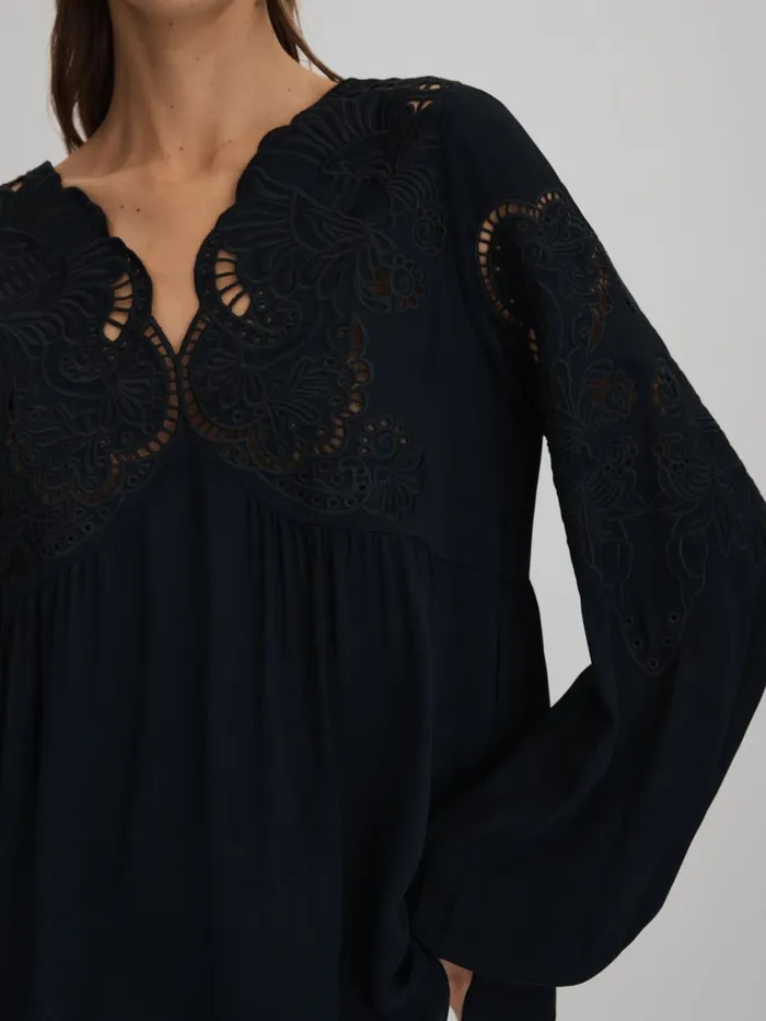 Women Reiss Blouses and Shirts Noa Lace CutOut Blouse Navy