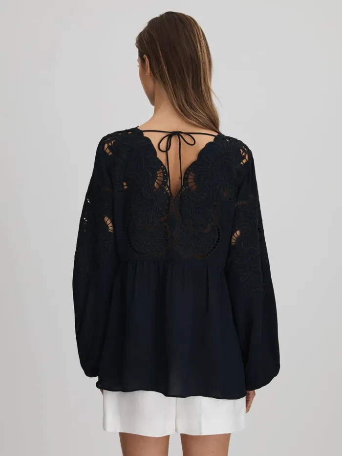 Women Reiss Blouses and Shirts Noa Lace CutOut Blouse Navy
