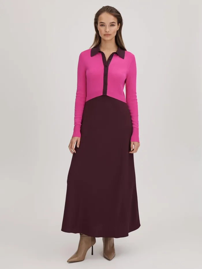 Women Reiss Brands Colourblock Midi Dress Deep Pinkburgundy