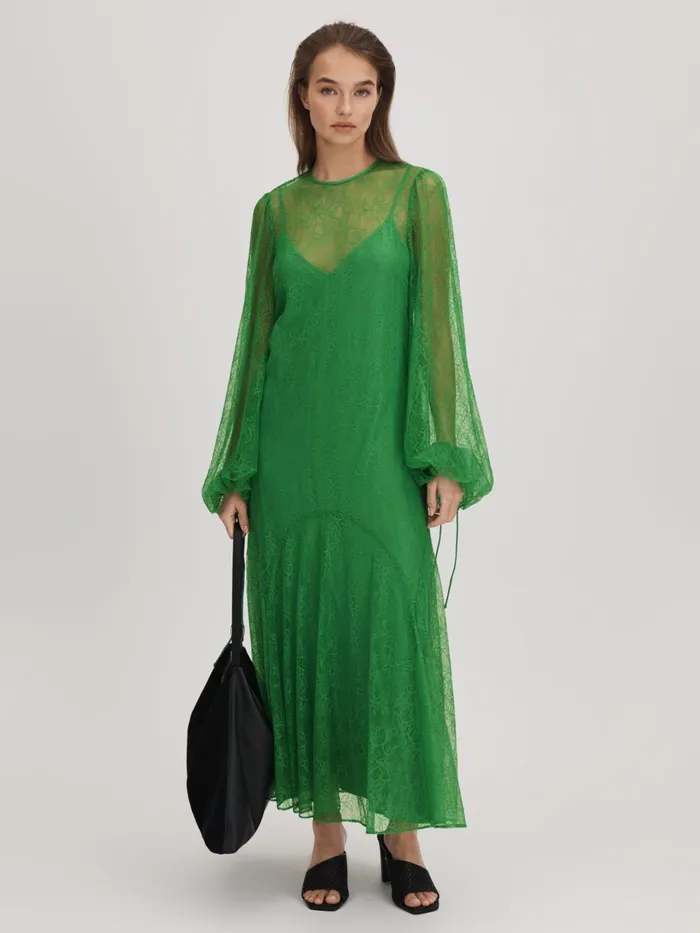 Women Reiss Brands Lace Midi Dress Bright Green
