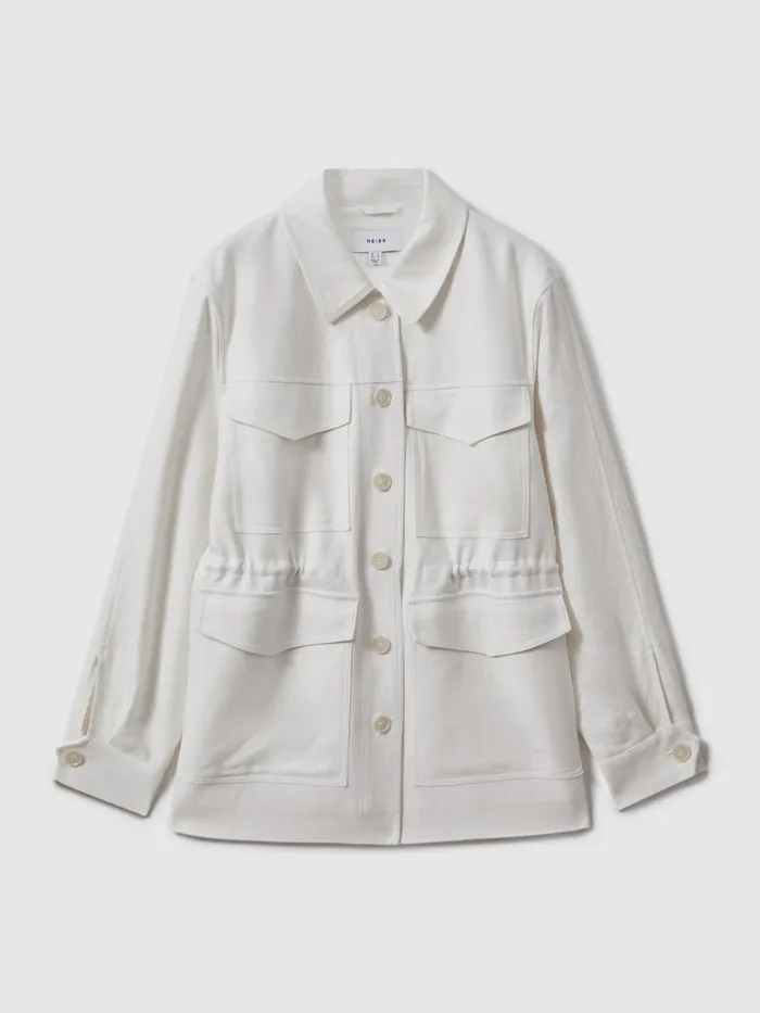 Women Reiss Coats Jade Linen Blend Drawstring Overshirt White