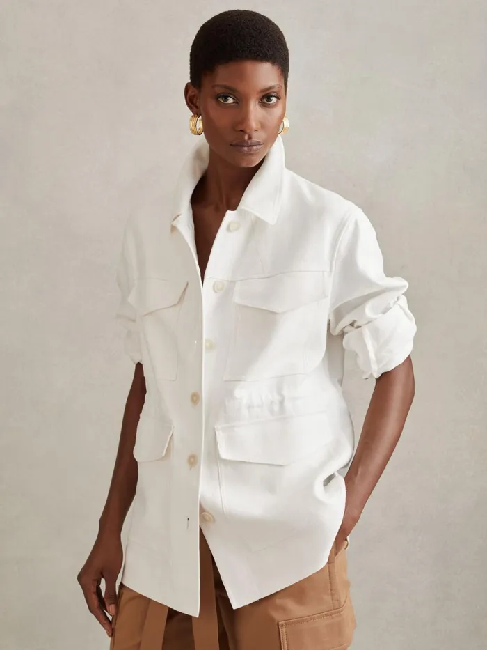 Women Reiss Coats Jade Linen Blend Drawstring Overshirt White