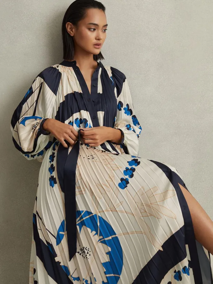 Women Reiss Dresses Daiya Printed Pleated Maxi Dress Blue