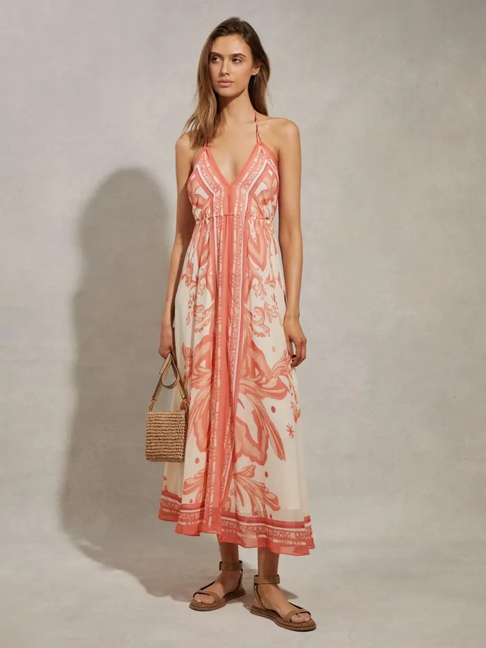 Women Reiss Dresses Delilah Printed Ruched Waist Midi Dress Coral
