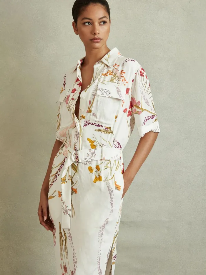 Women Reiss Dresses Faya Floral Print Belted Midi Dress Ivoryorange