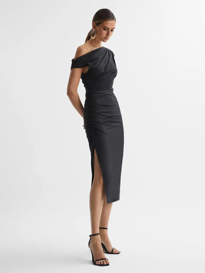 Women Reiss Dresses Fern Bodycon Ruched Midi Dress Charcoal