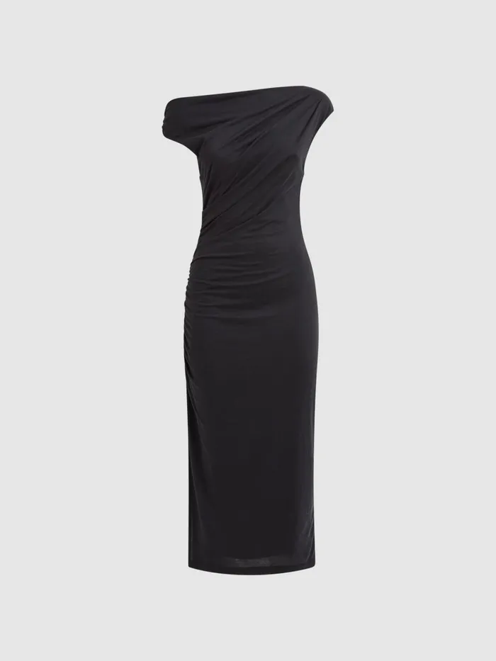 Women Reiss Dresses Fern Bodycon Ruched Midi Dress Charcoal