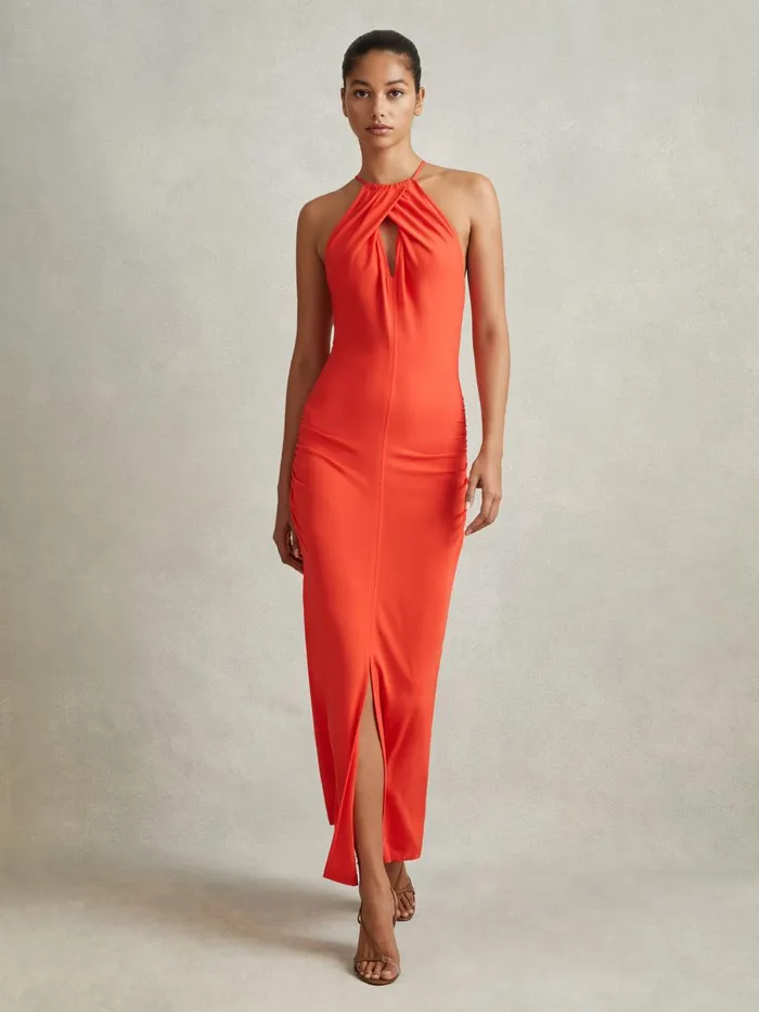 Women Reiss Dresses Kia Jersey Halter Neck Midi Dress Orange
