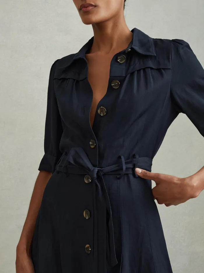 Women Reiss Dresses Malika Belted Cap Sleeve Midi Dress Navy